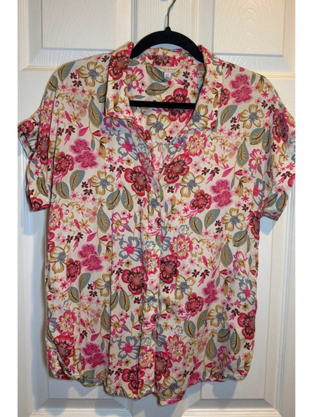 Lucky Brand Floral Button Down Short Sleeve Blouse Size Small